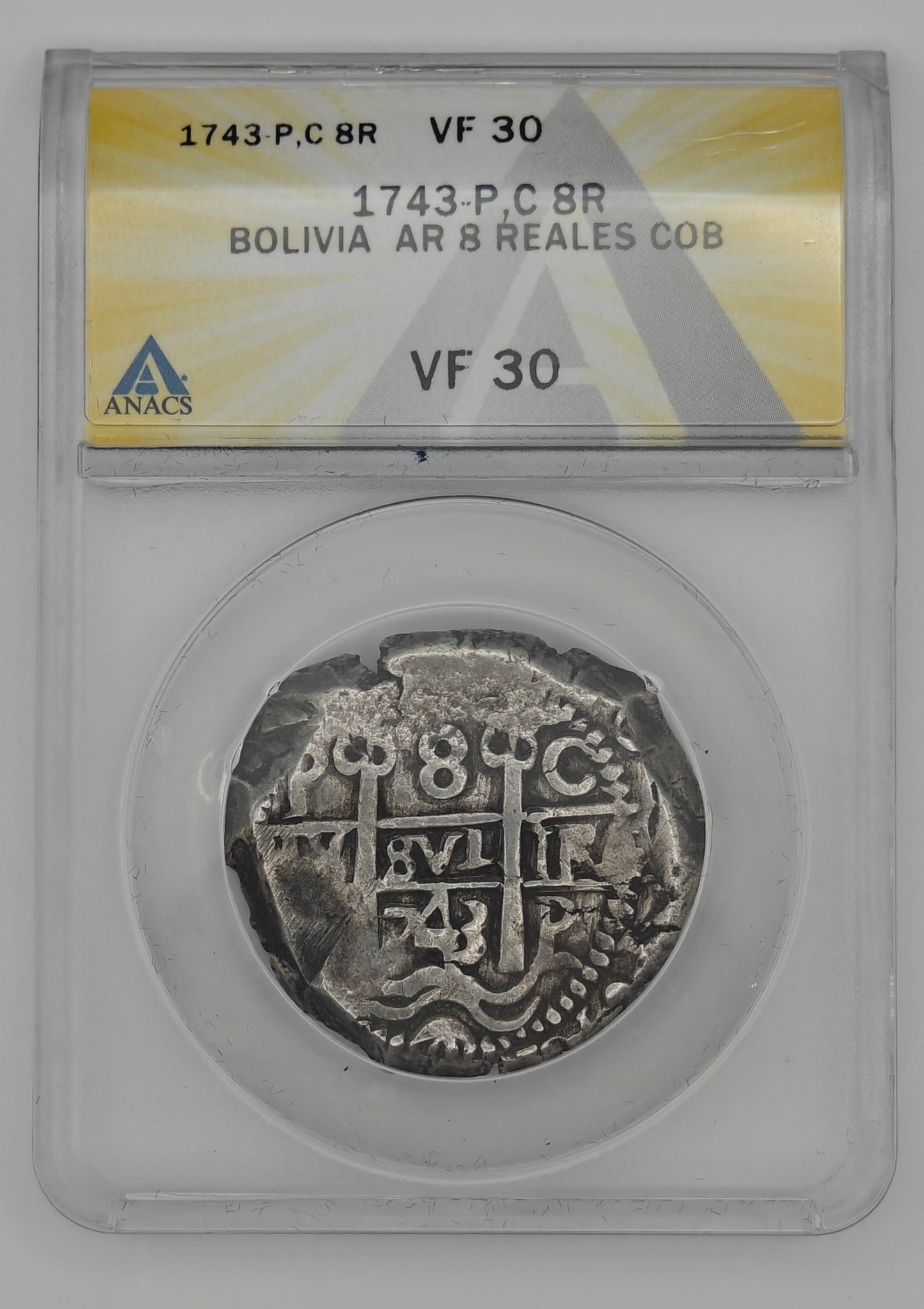 1743 Bolivia 8 Reales COB P, C VF-30 ANACS