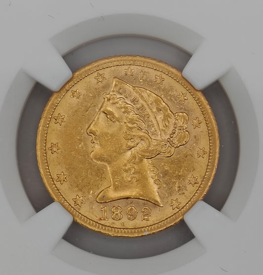 1892-CC $5 Gold Liberty Half Eagle AU-58 NGC