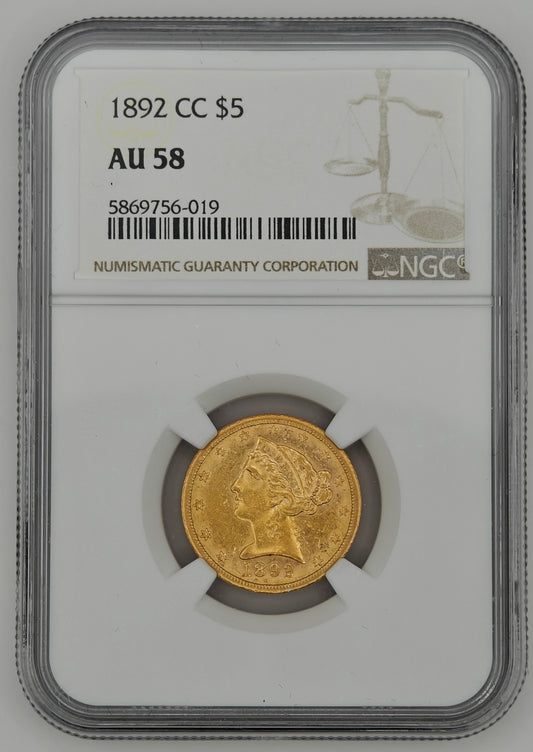 1892-CC $5 Gold Liberty Half Eagle AU-58 NGC