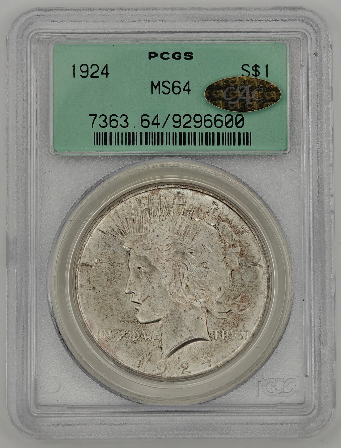 1924 Peace Dollar MS-64 PCGS Gold CAC (OGH)