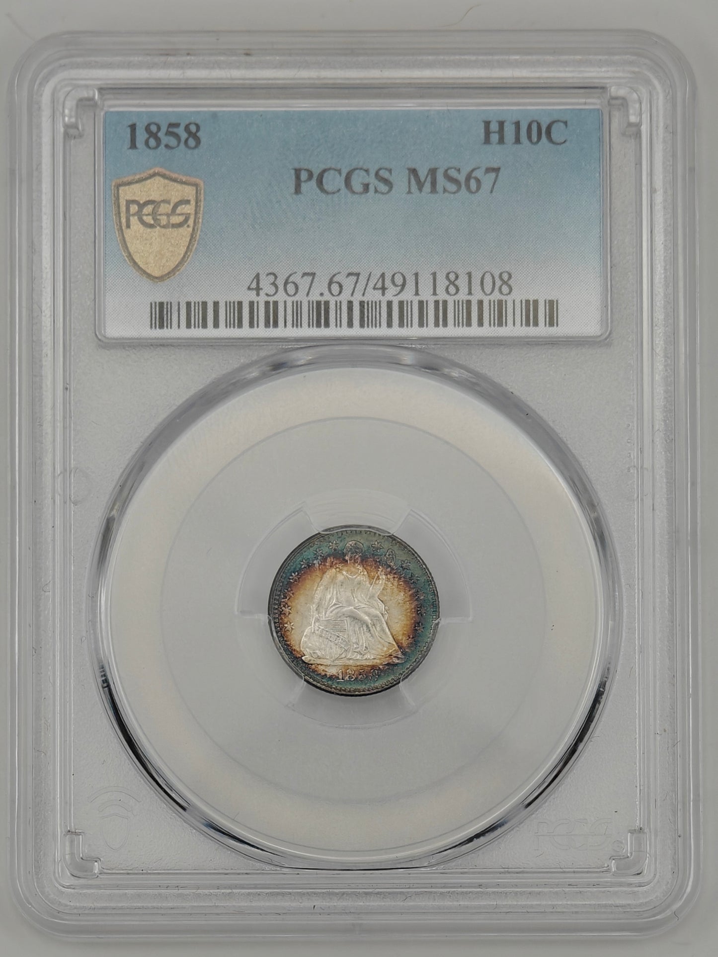 1858 Liberty Seated Half Dime MS-67 PCGS (Beautiful Toning)