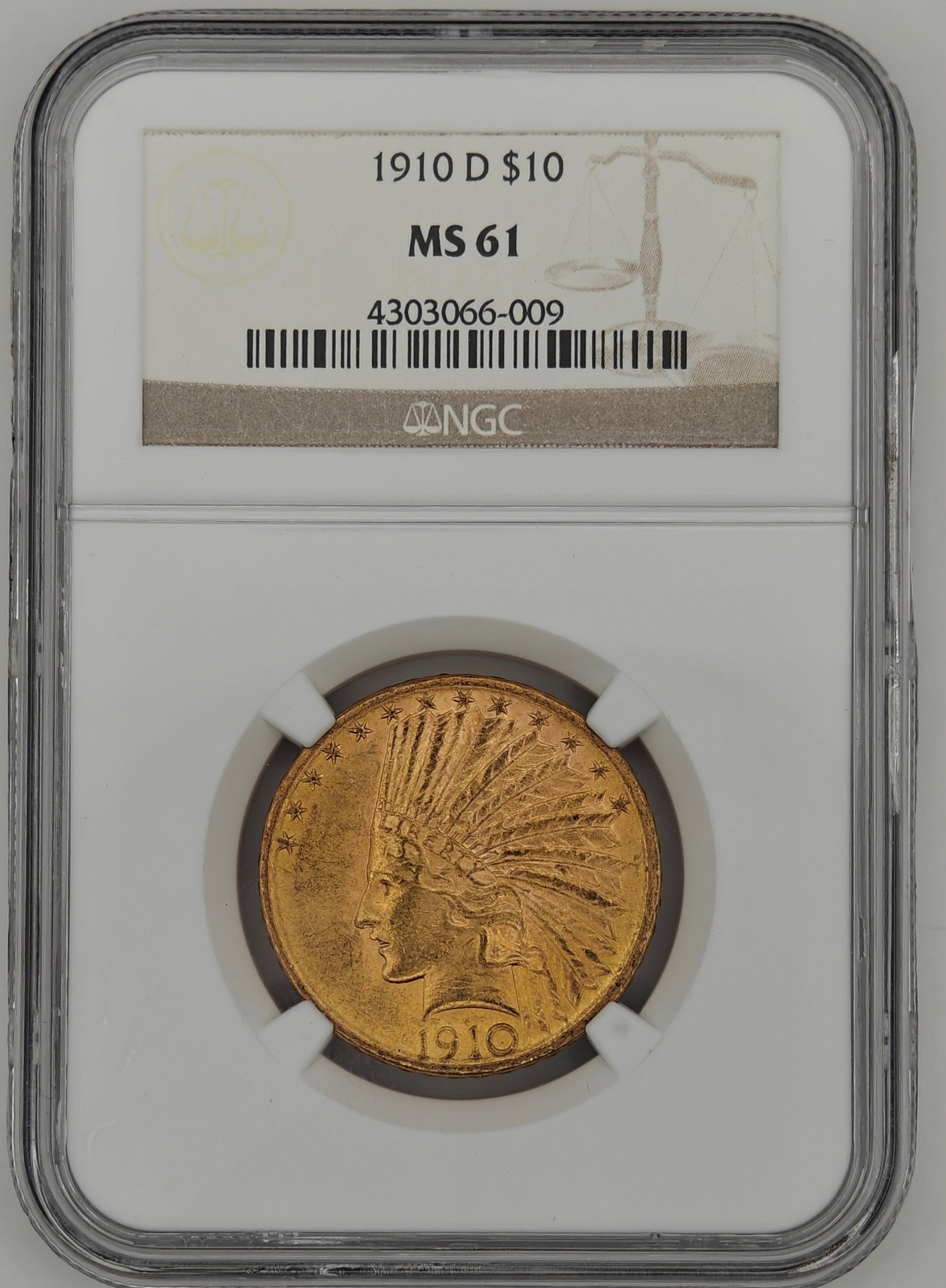 1910-D $10 Gold Indian Eagle MS-61 NGC