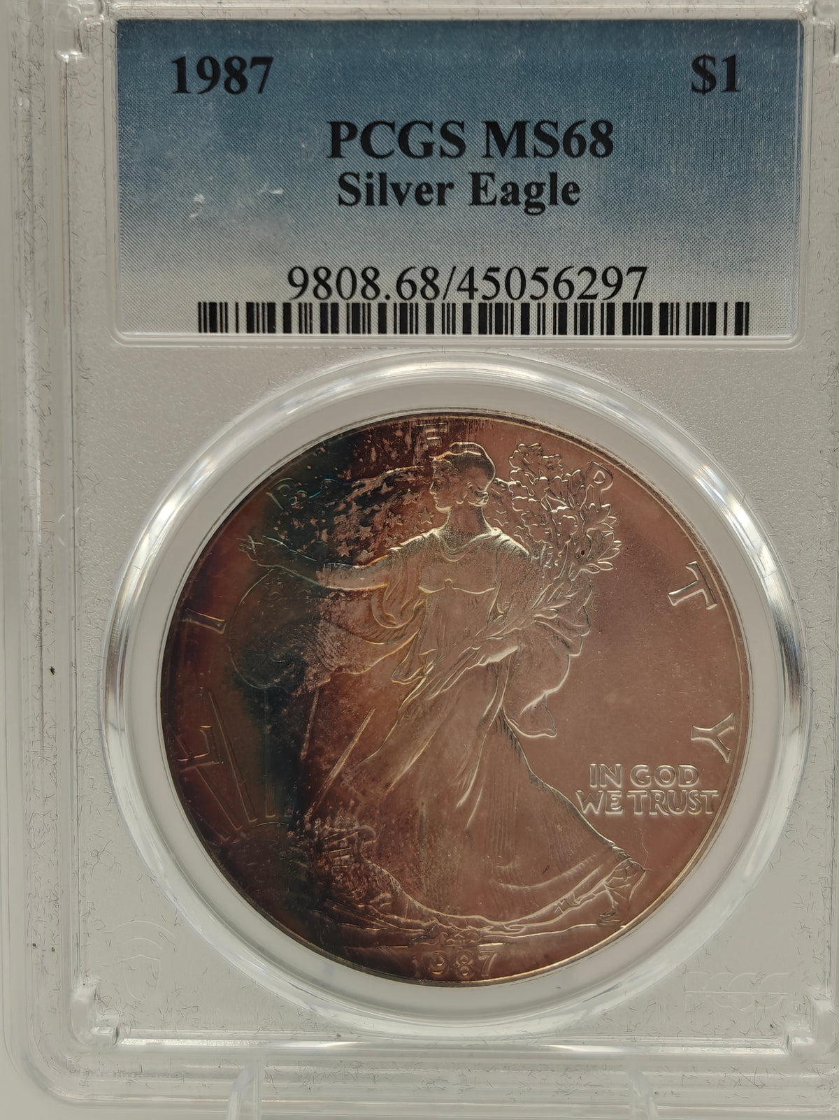 1987 1 oz. American Silver Eagle MS-68 PCGS (Beautiful Toning)