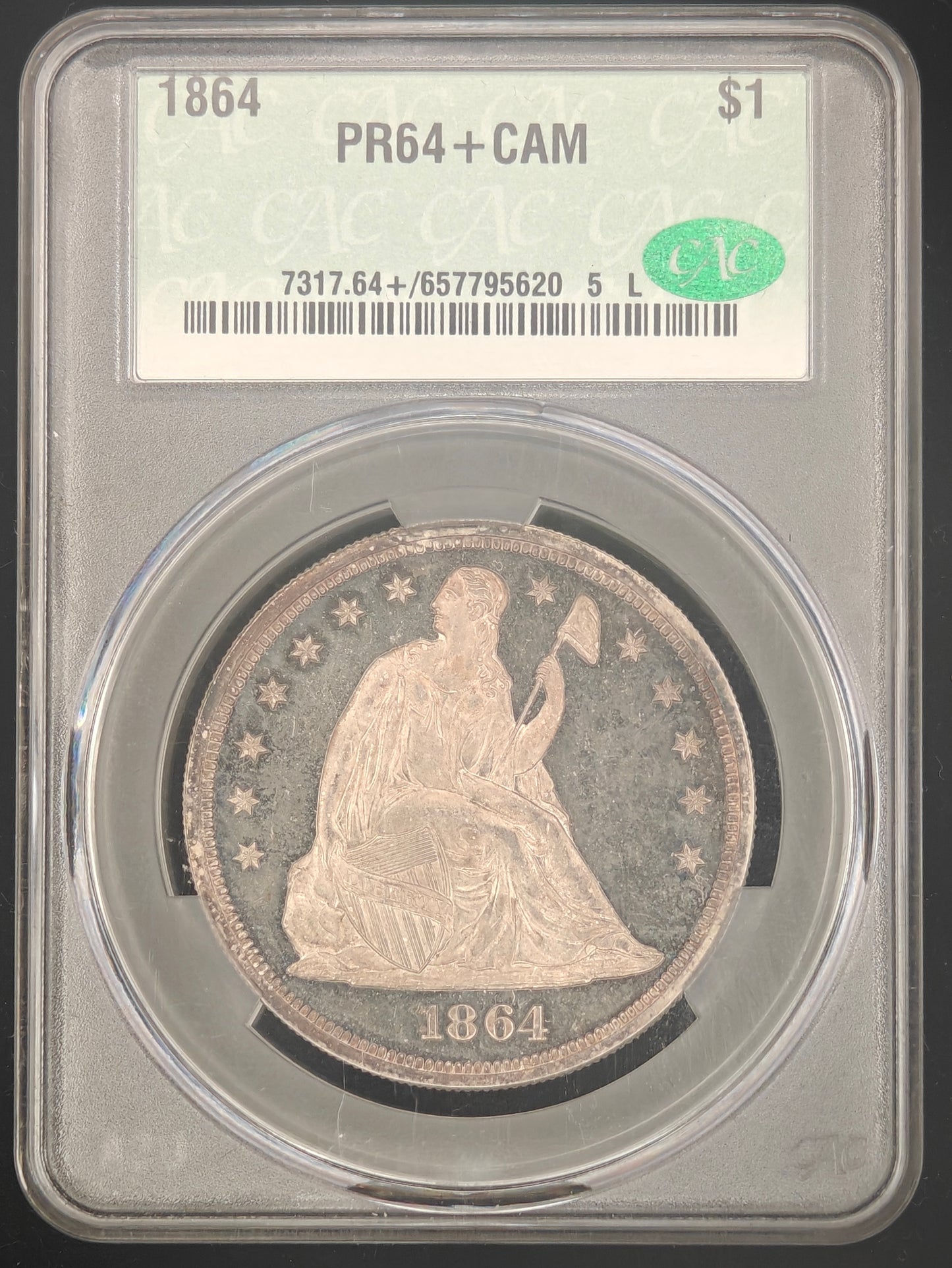1864 Liberty Seated Dollar PR-64+ Cameo CACG (No Motto)