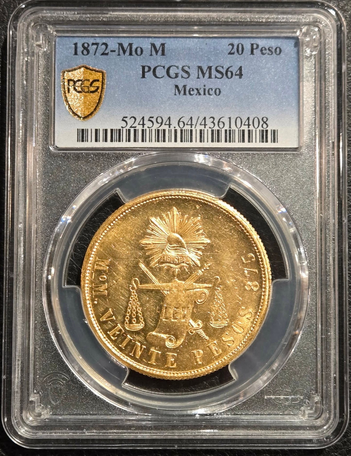 1872-MO M Mexico Gold 20 Peso MS-64 PCGS