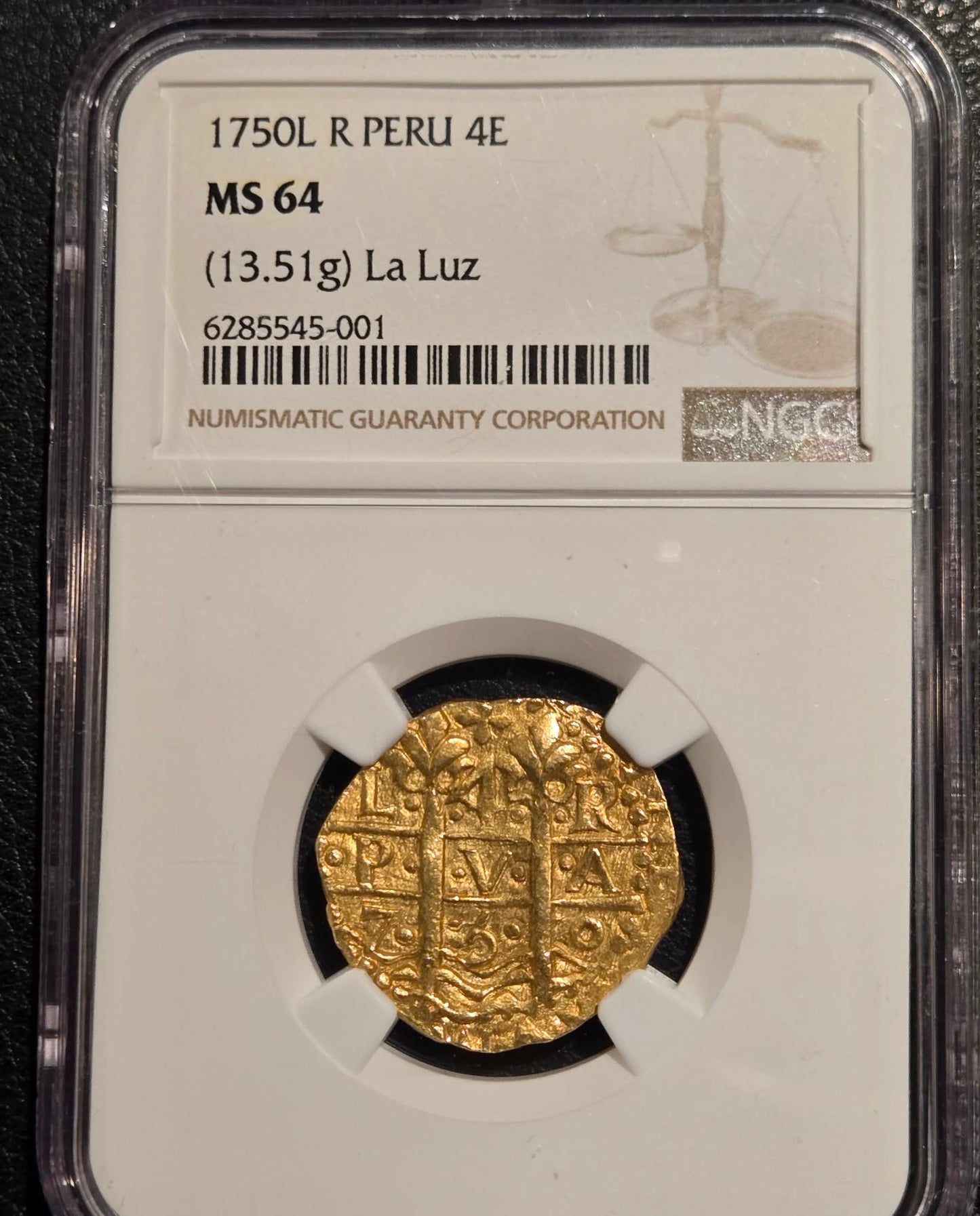 1750-L R Gold 4 Escudo Ferdinand VI (13.51 g) La Luz MS-64 NGC