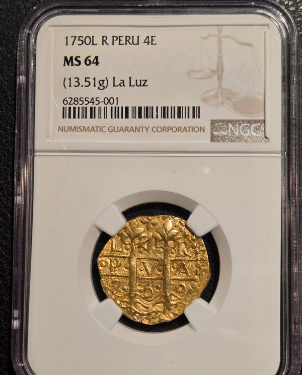 1750-L R Gold 4 Escudo Ferdinand VI (13.51 g) La Luz MS-64 NGC