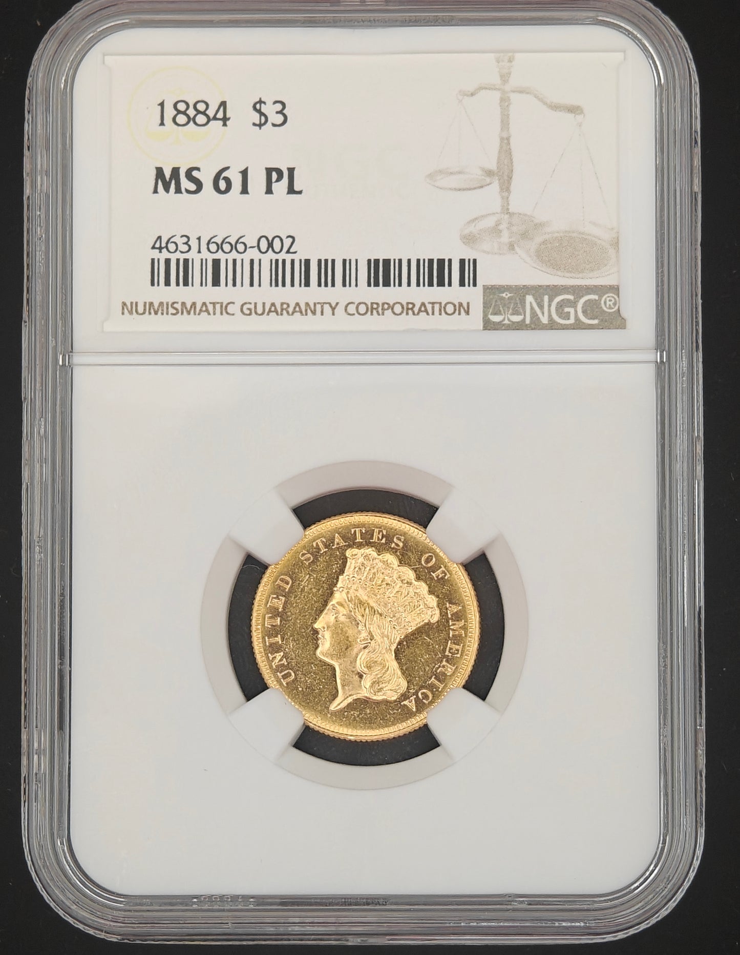 1884 $3 Gold Indian Princess MS-61 NGC (PL)