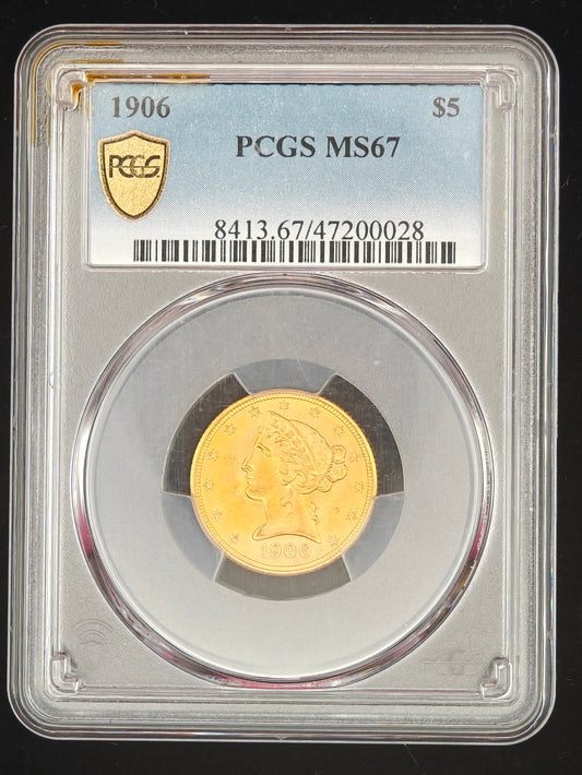 1906 $5 Gold Liberty Half Eagle MS-67 PCGS