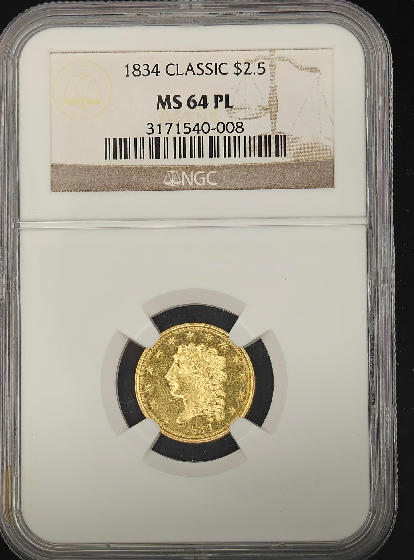 1834 Gold $2.50 Classic Head Quarter Eagle MS-64 NGC (PL)