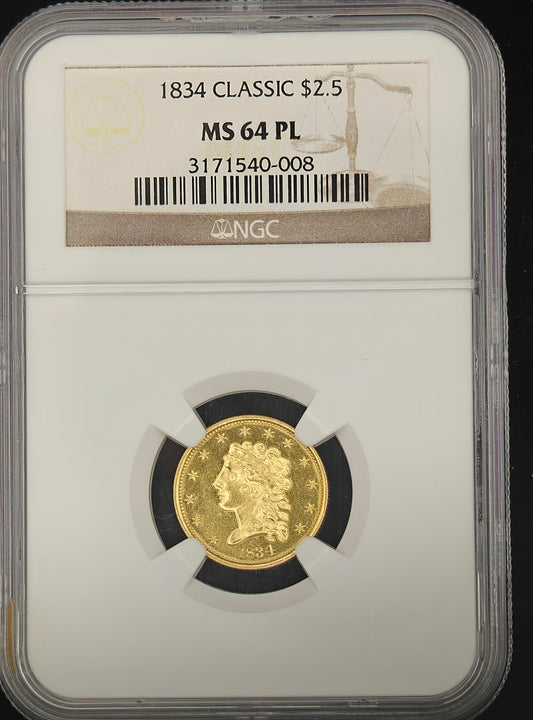 1834 Gold $2.50 Classic Head Quarter Eagle MS-64 NGC (PL)