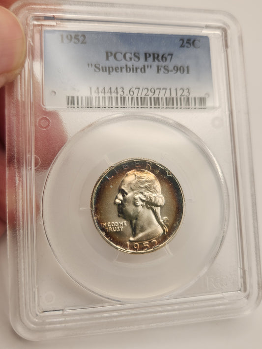 1952 Washington Quarter PR-67 PCGS (Superbird, FS-901, Beautiful Toning)