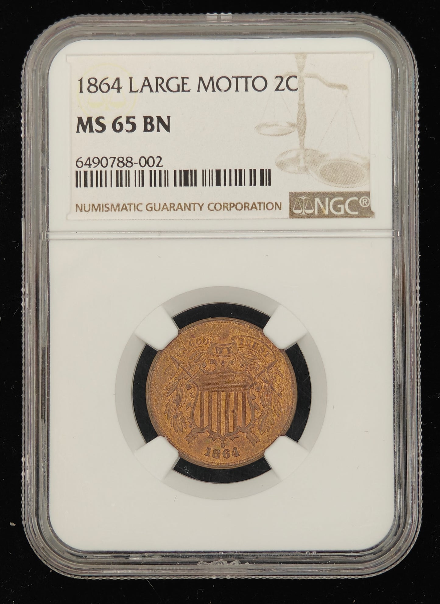 1864 Two Cent Piece MS-65 NGC (Brown, Lage Motto)