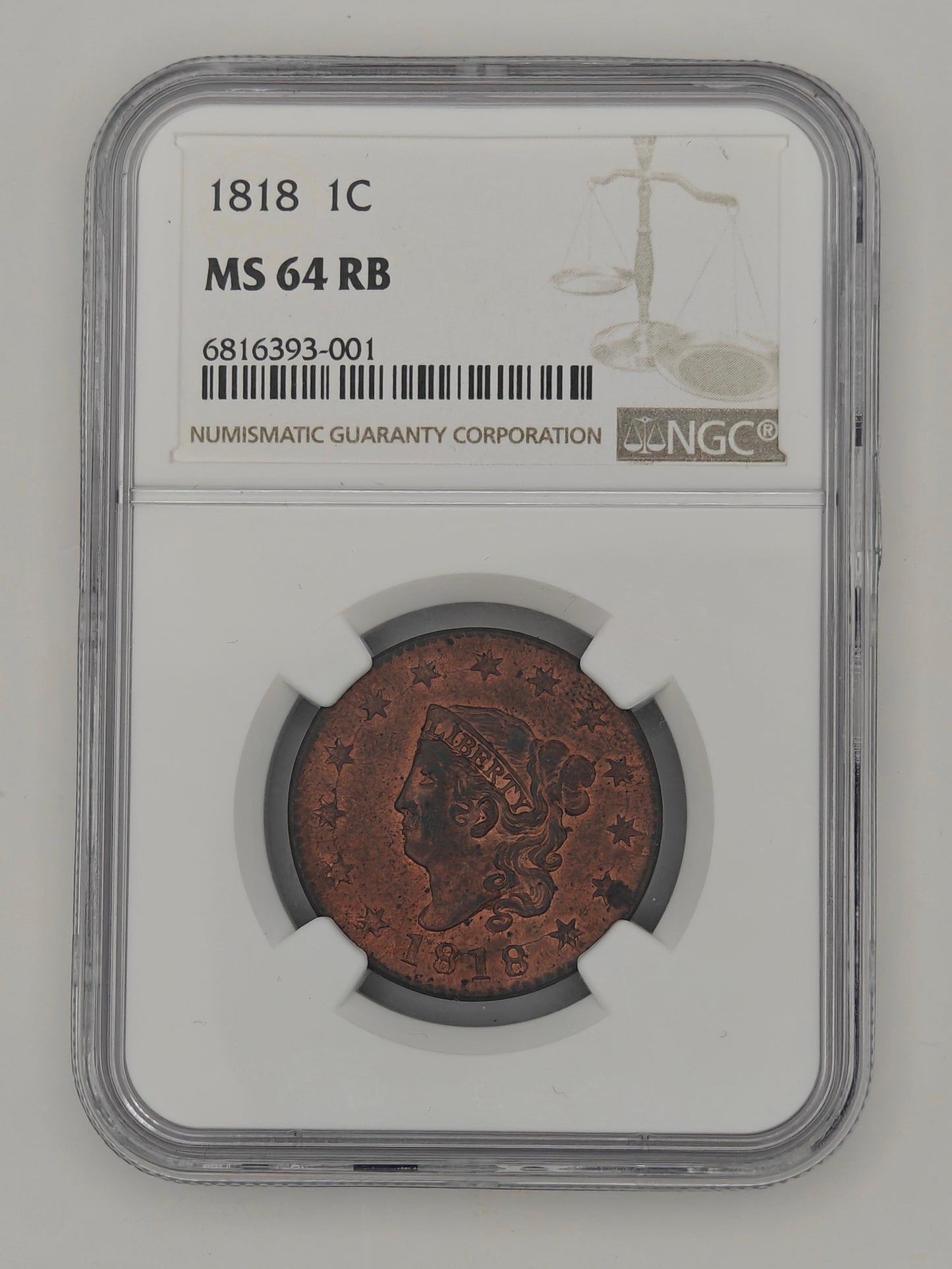 1818 Matron Head Large Cent MS-64 NGC (Red/Brown)