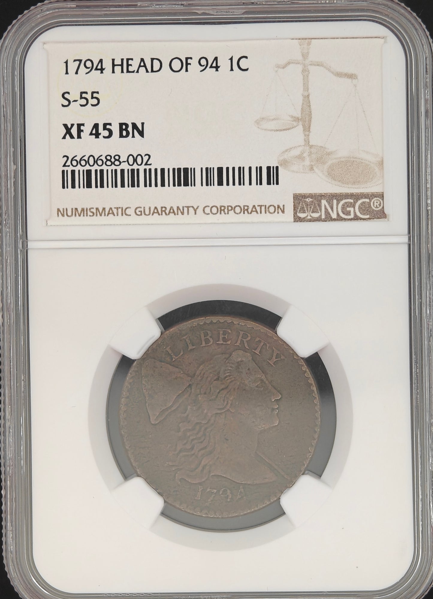 1794 Flowing Hair Large Cent (Head of 94, S-55) XF-45 NGC (Brown)