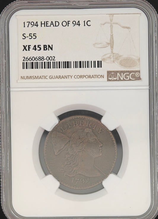 1794 Flowing Hair Large Cent (Head of 94, S-55) XF-45 NGC (Brown)